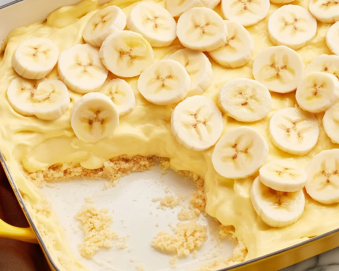 Bowl of homemade banana pudding with custard, bananas and Nilla wafers topped with meringue.