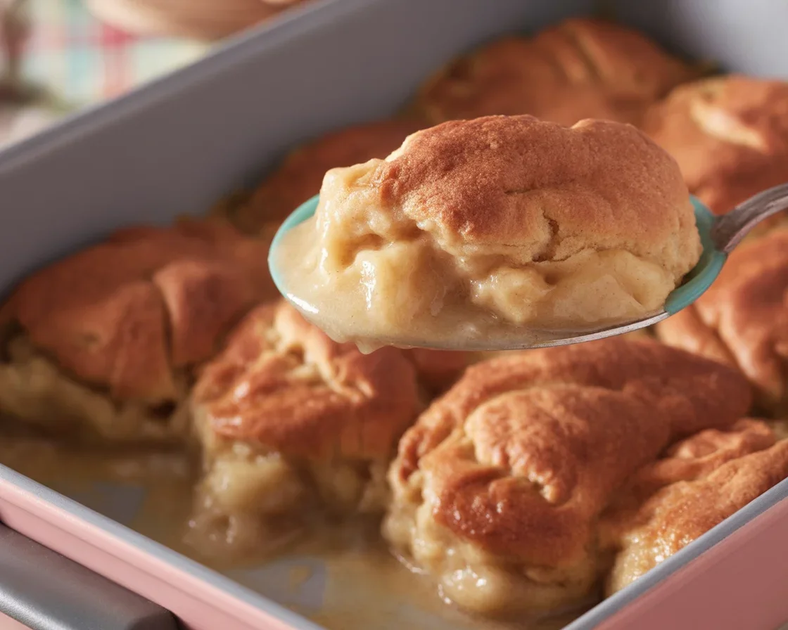 Delicious homemade apple dumplings topped with syrup and served warm.