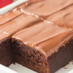 Deliciously moist Coca Cola cake with chocolate frosting served on a plate.