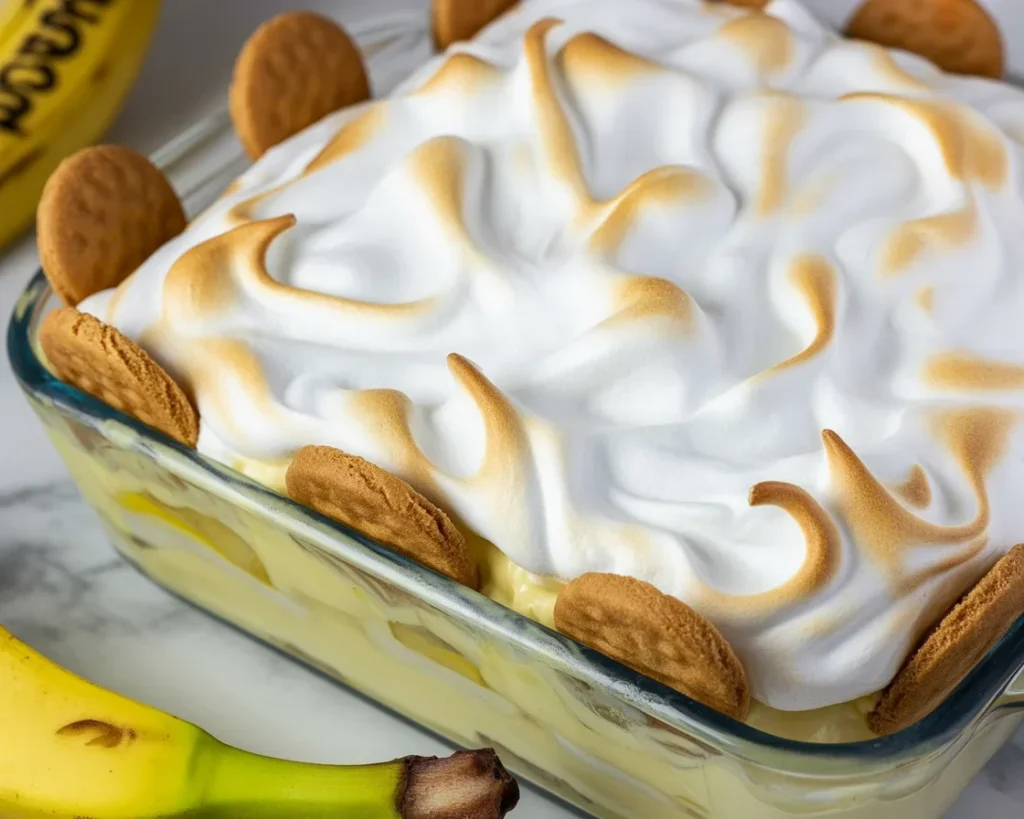 Delicious homemade banana pudding layered with vanilla wafers and topped with fluffy meringue.