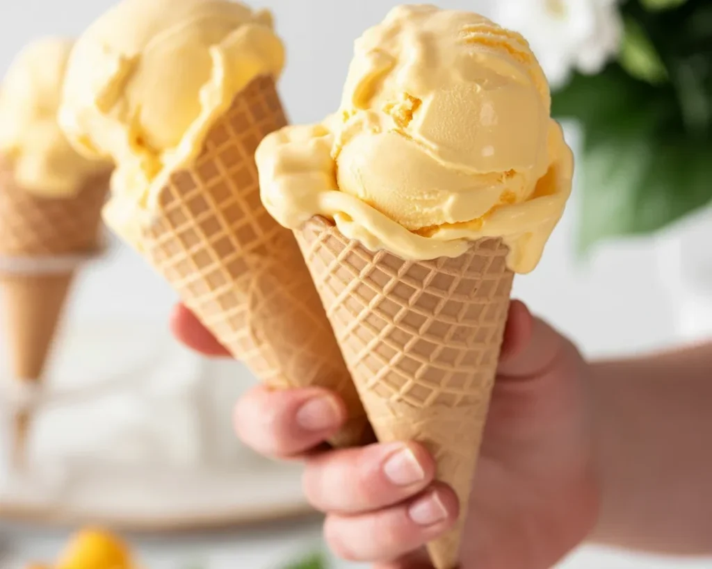 Creamy mango ice cream topped with fresh mango slices served in a bowl.