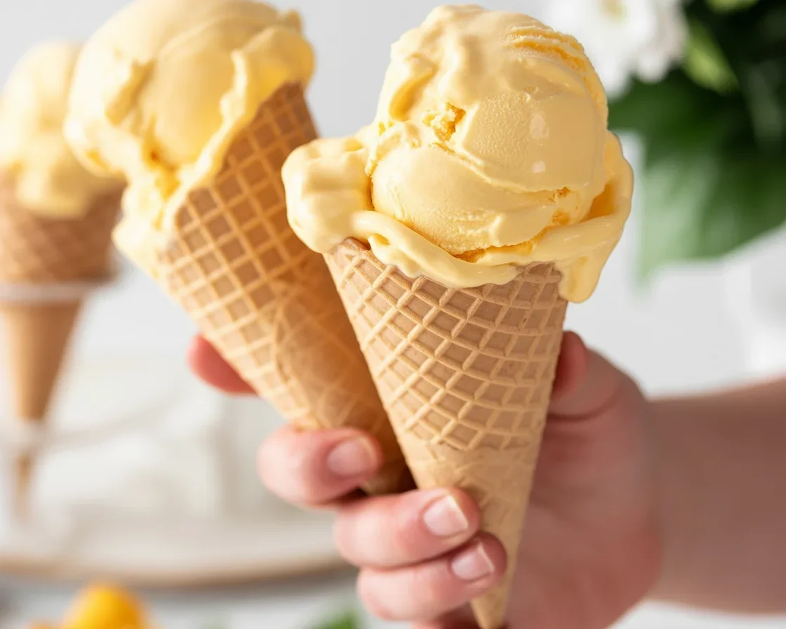 Creamy mango ice cream topped with fresh mango slices served in a bowl.