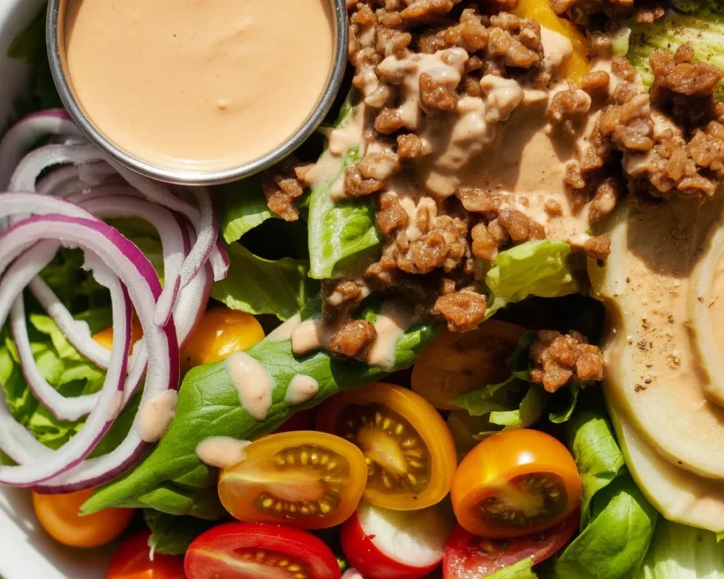 Delicious healthy burger bowl recipe with seasoned beef, fresh veggies, and special sauce.