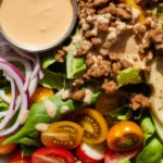 Delicious healthy burger bowl recipe with seasoned beef, fresh veggies, and special sauce.