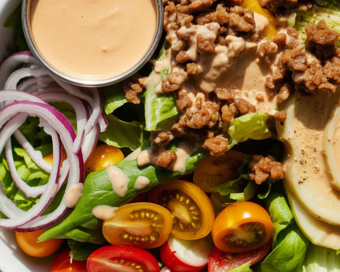 Delicious healthy burger bowl recipe with seasoned beef, fresh veggies, and special sauce.