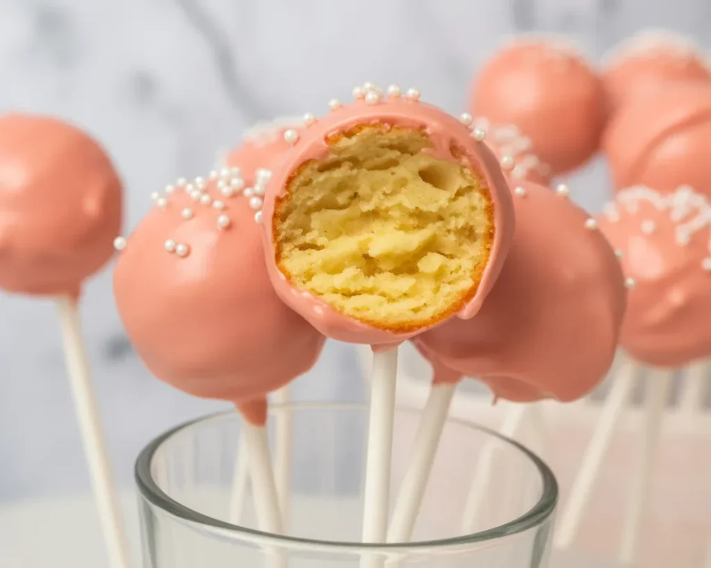 Delicious Starbucks cake pop recipe with vanilla cake and pink candy coating.