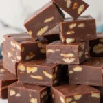 Delicious homemade easy fudge prepared with chocolate chips and sweetened condensed milk.