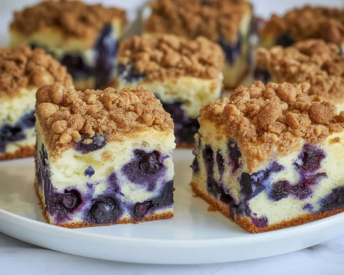 Moist blueberry coffee cake topped with cinnamon streusel served on a plate.