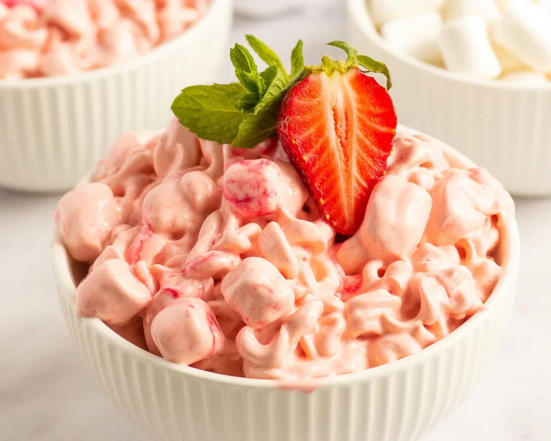 Strawberry Fluff dessert salad made with fresh strawberries, marshmallows, and pineapple