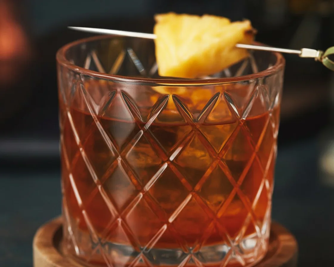 A refreshing Pineapple Old Fashioned cocktail with bourbon and pineapple garnish.